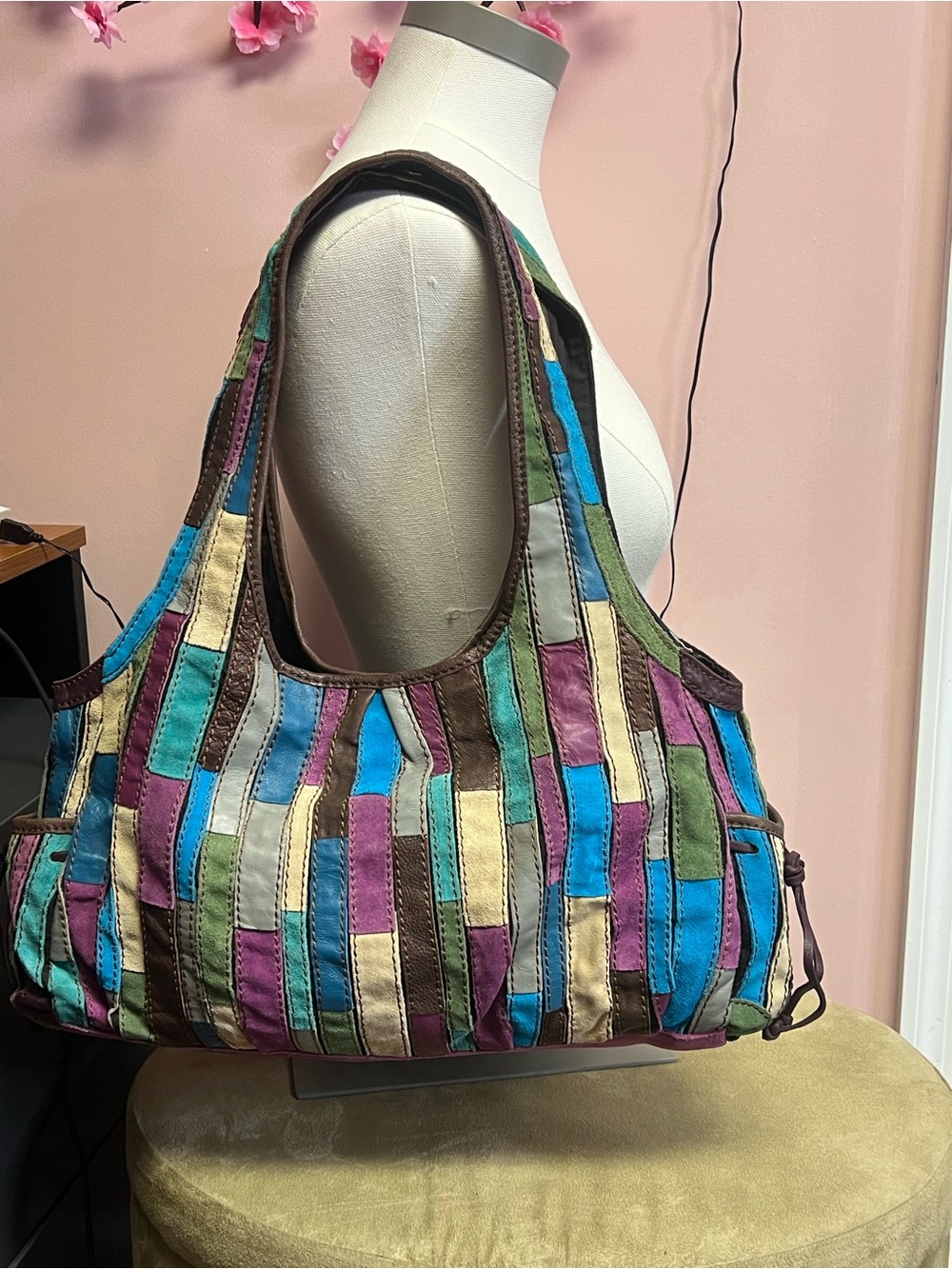 Colorblock Multi-Strip Leather Shoulder Bag - Women's